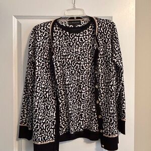 La Madonna Black & White Leopard Print Sweater Cardigan Set